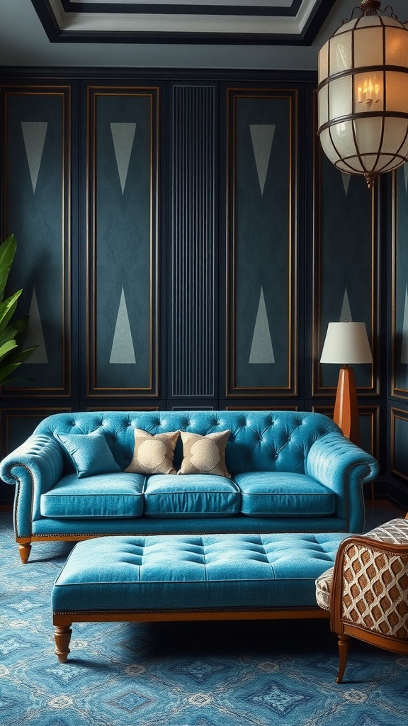 Art Deco living room featuring a blue couch with a matching ottoman and elegant decor