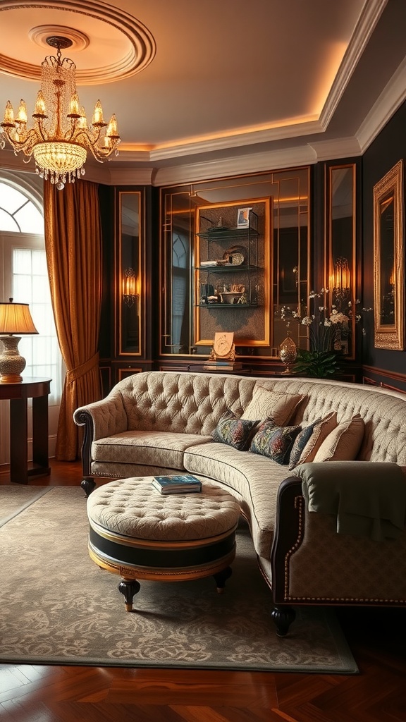 A luxurious Art Deco style couch with tufted upholstery, surrounded by elegant decor in a stylish living room.