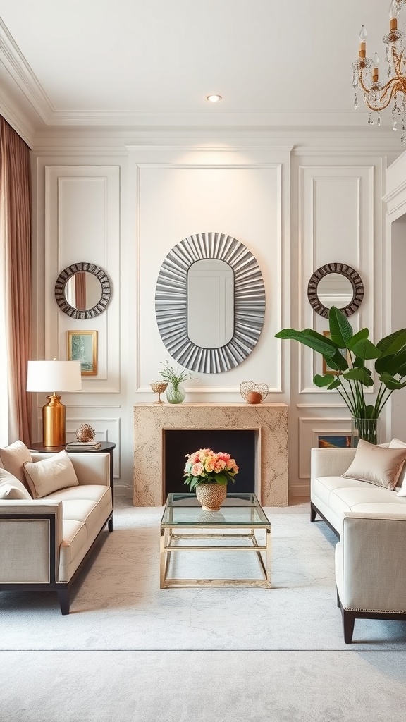 Art Deco living room with white accent wall, elegant mirrors, and stylish furniture.