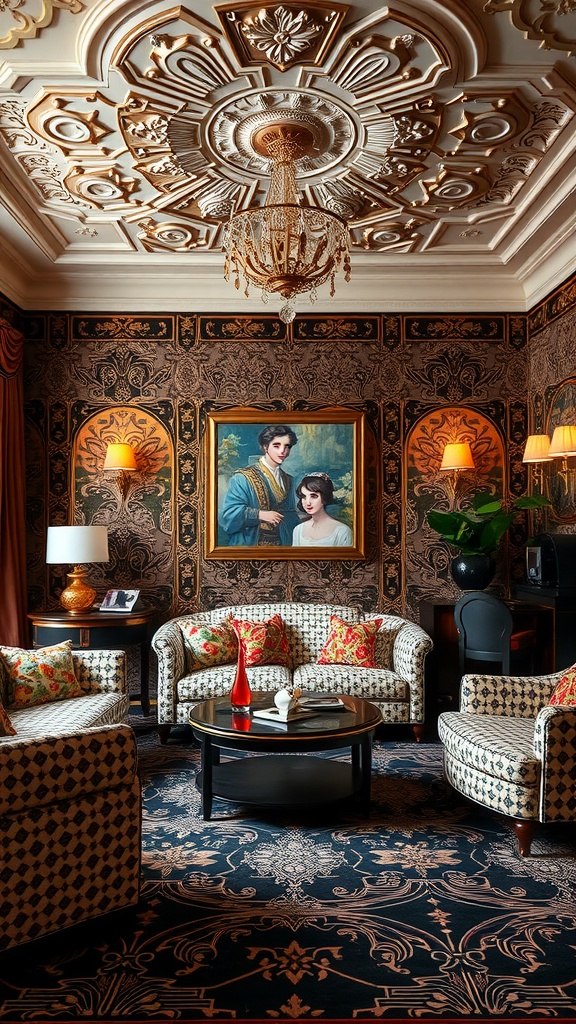 Living room featuring Art Deco wallpaper, elegant furniture, and an ornate ceiling.