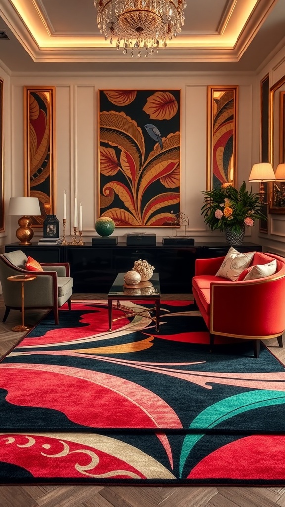 Art Deco style living room featuring a colorful rug with bold designs.