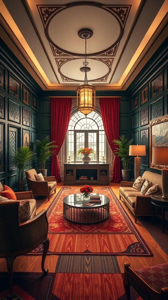 A stylish Art Deco living room featuring green walls, red curtains, and elegant furniture.