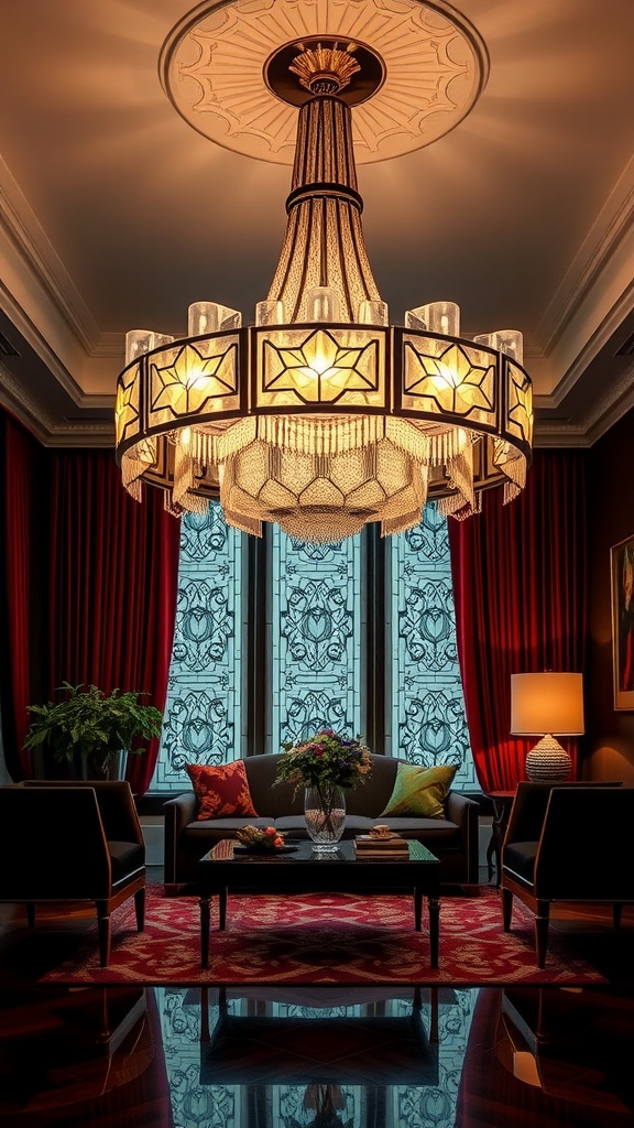 A luxurious Art Deco chandelier hanging in a stylish living room with red curtains, a patterned area rug, and elegant furnishings.