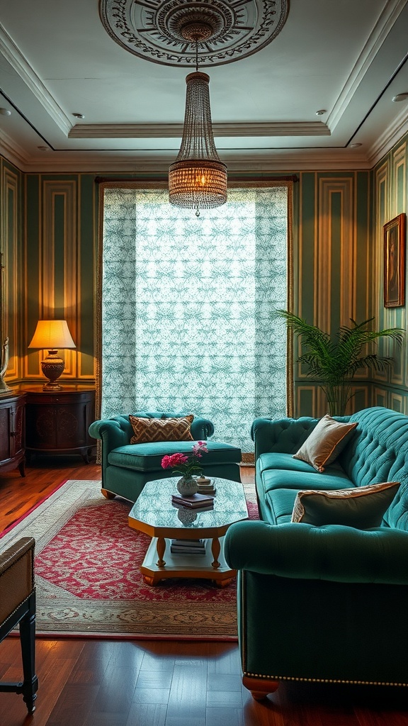 A luxurious living room featuring a green tufted sofa, elegant chandelier, and Art Deco design elements.