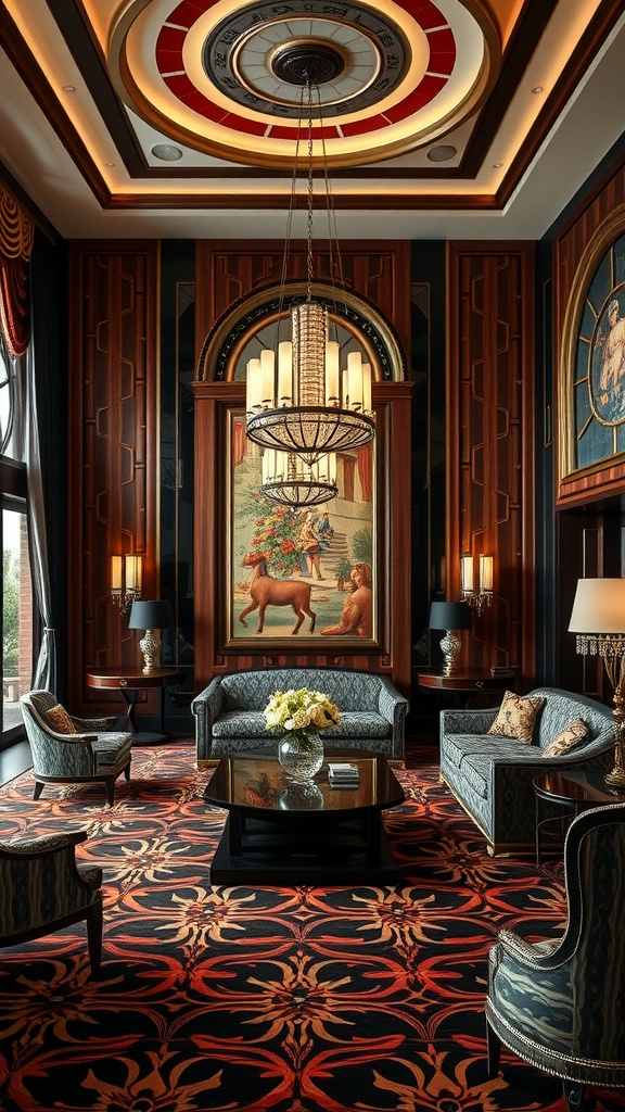 A luxurious Art Deco living room with elegant furniture, dramatic ceiling design, and rich patterns.