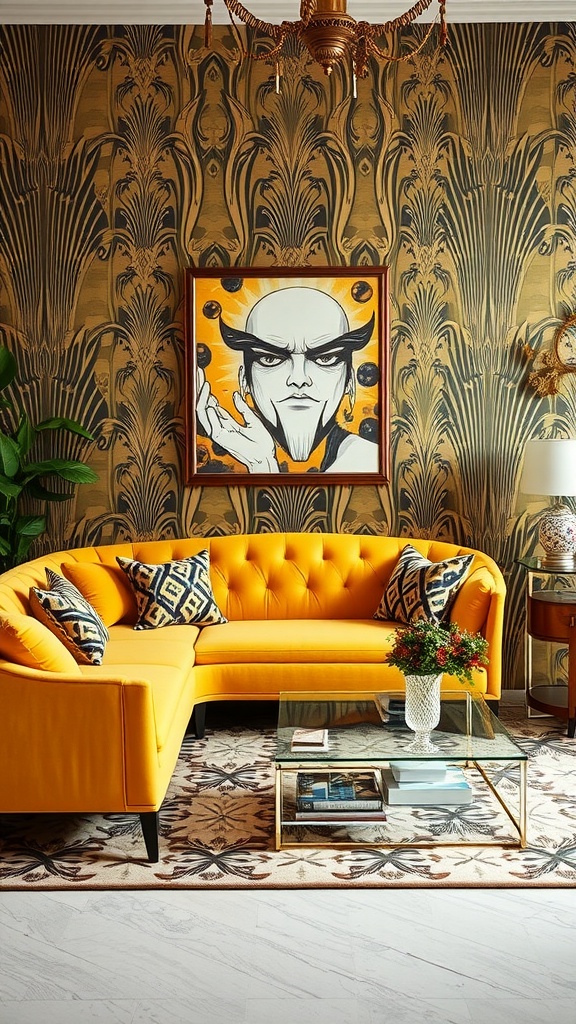 A chic living room featuring a yellow couch, Art Deco wallpaper, and vibrant artwork.