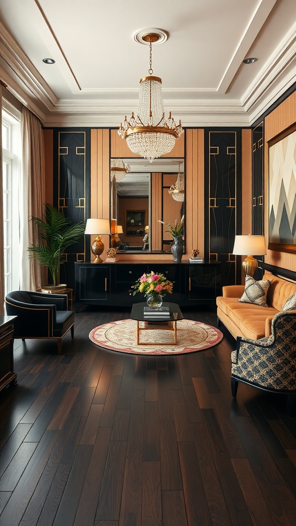 Living room with dark wood floors and Art Deco style furniture and decor