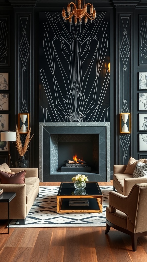 A living room featuring an Art Deco styled black fireplace with geometric patterns, elegant furniture, and a warm ambiance.