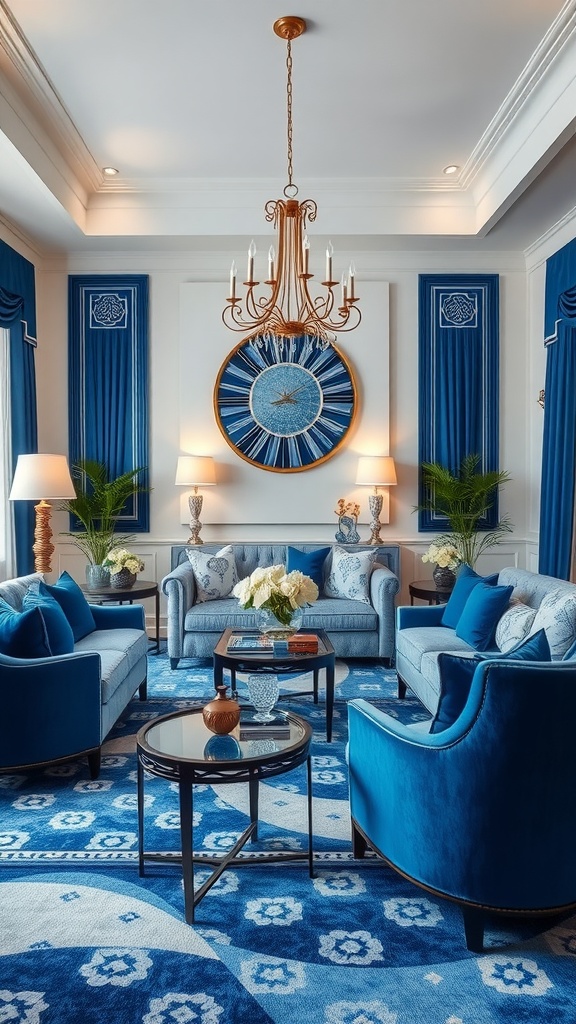 A stylish living room featuring a mix of blue and white decor elements, with plush sofas, an ornate chandelier, and decorative wall features.