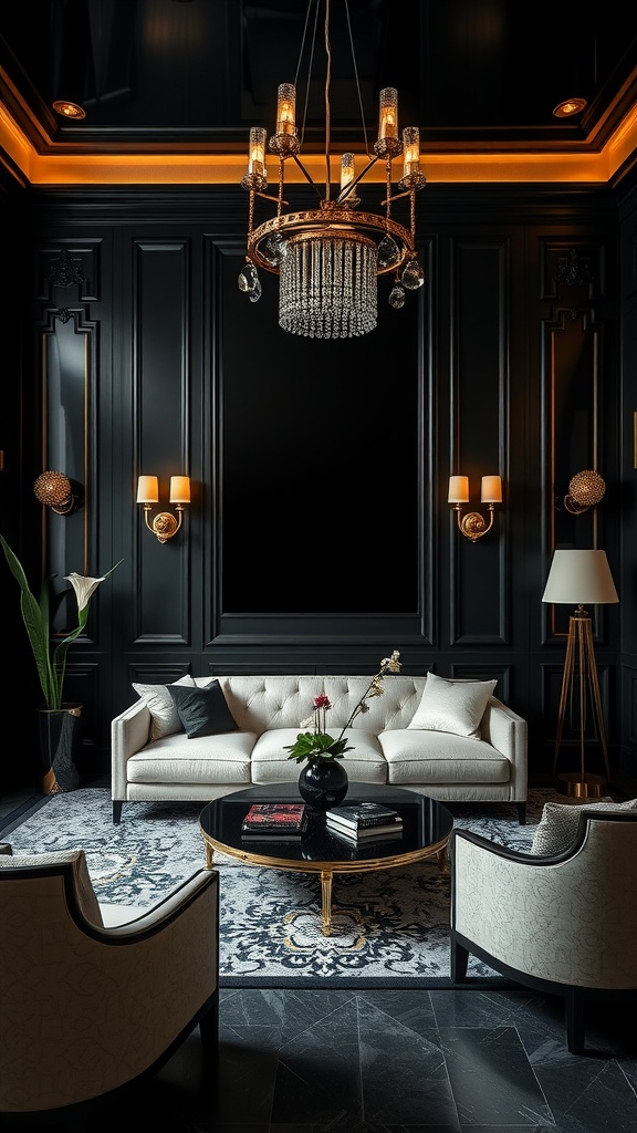 A stylish living room featuring black accent walls, Art Deco elements, and elegant furniture.