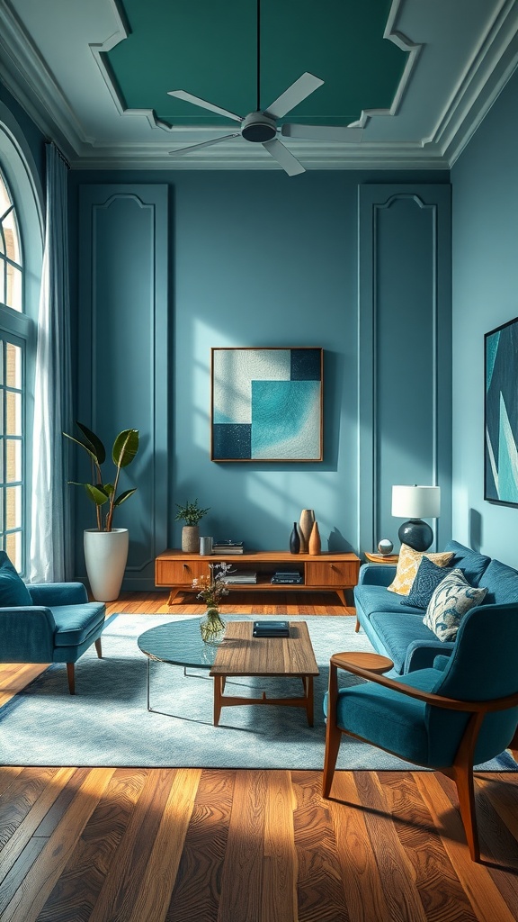 A stylish Art Deco inspired living room with blue and green colors, featuring geometric artwork and elegant furniture.