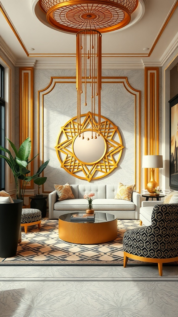 An elegant Art Deco inspired living room with gold accents, featuring a round coffee table, plush sofa, and vibrant decor.