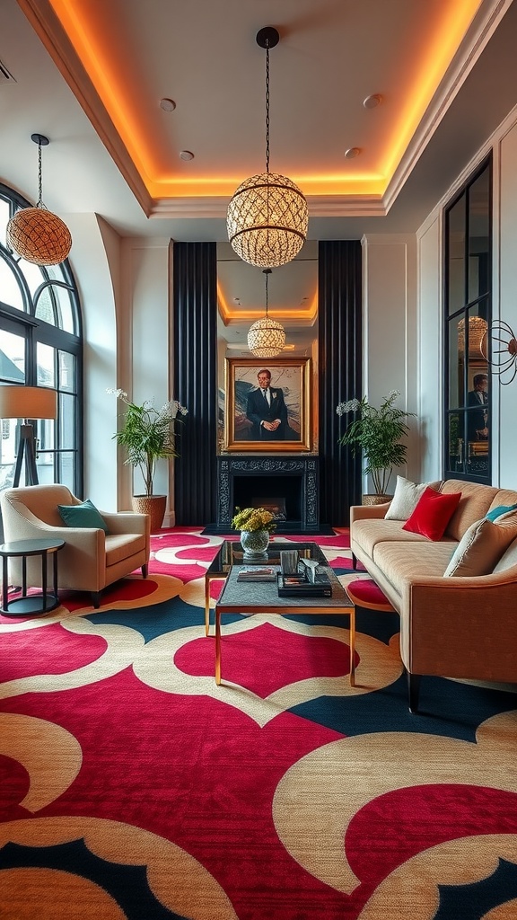 A stylish living room featuring Art Deco inspired design with a colorful patterned carpet, elegant furniture, and decorative lighting.