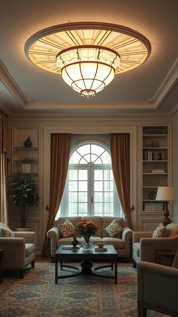 Art Deco style ceiling light in an elegant living room setting