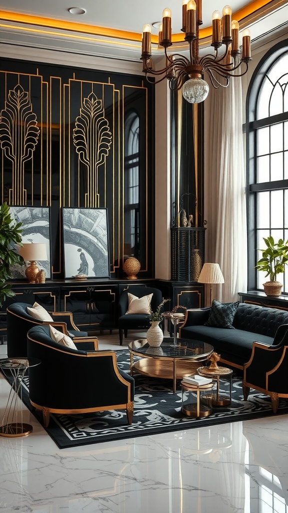 Art Deco inspired living room with black and gold decor, featuring elegant furniture and stylish chandelier.