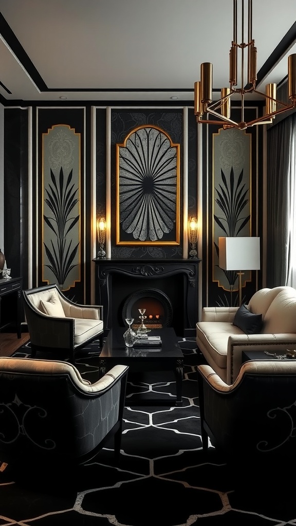 Art Deco inspired living room featuring black and silver decor with elegant furniture and geometric patterns