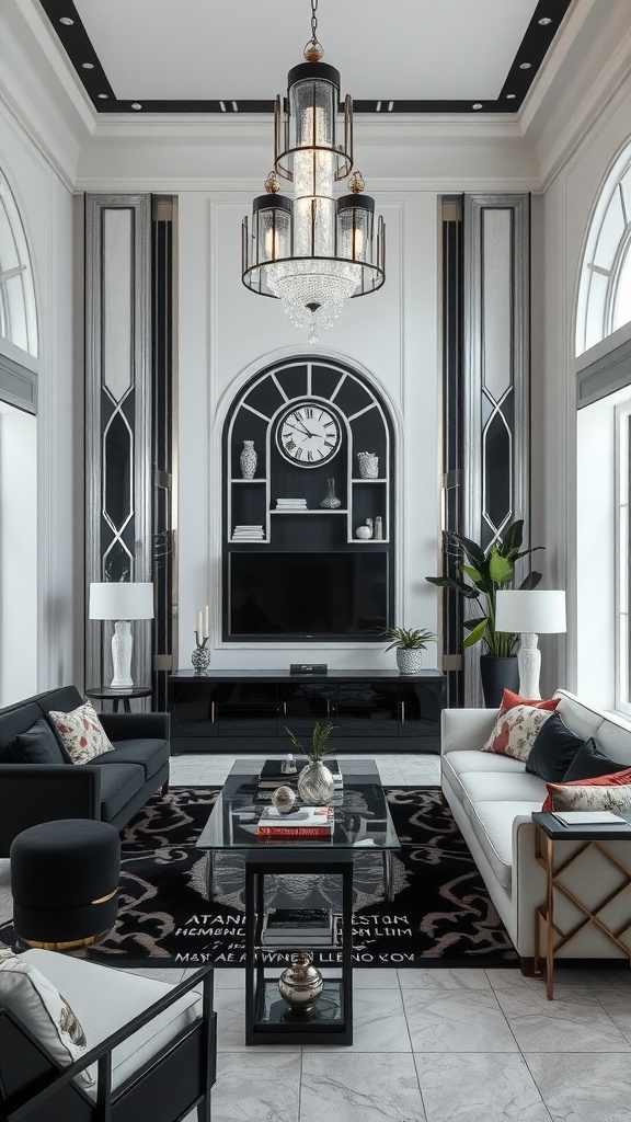 A stylish living room featuring Art Deco design with black, white, and silver elements.