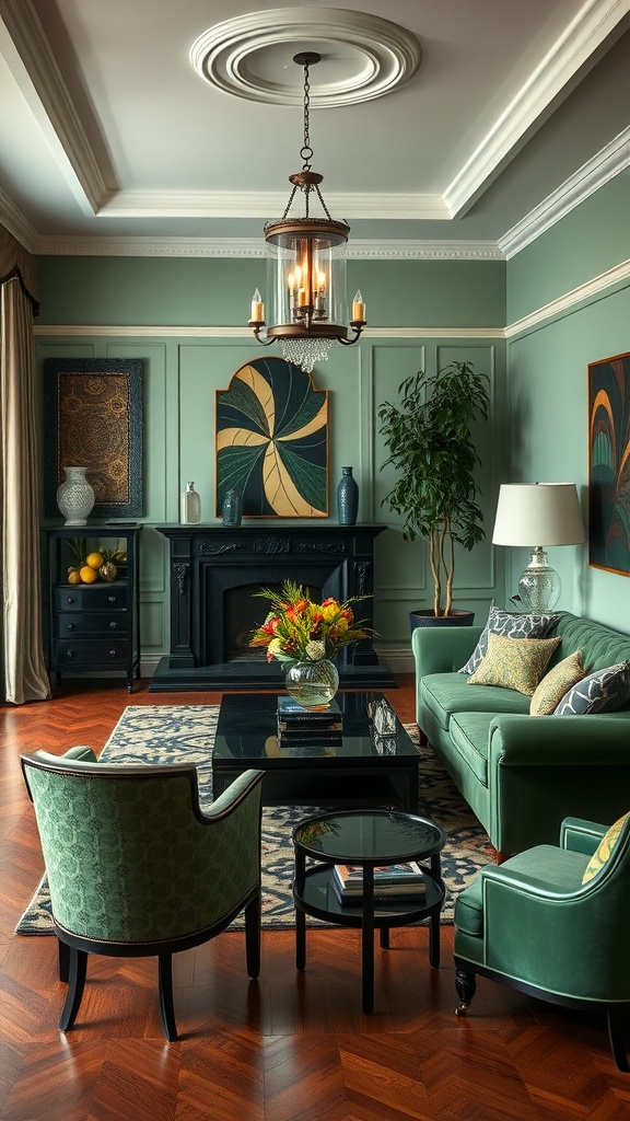 A stylish living room featuring Art Deco inspired design with green and black elements.