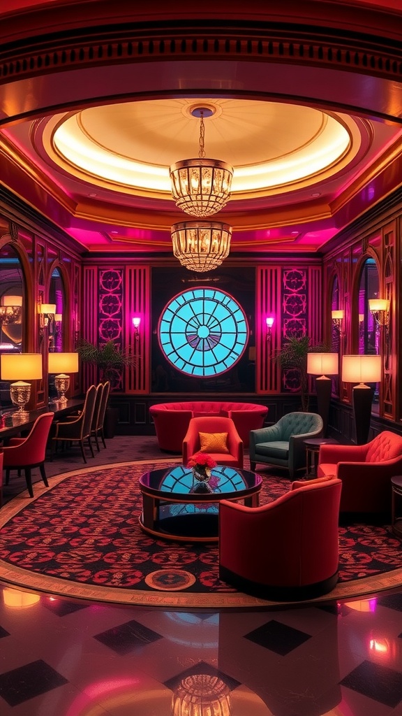 A luxurious Art Deco inspired sunken lounge featuring red and teal seating, a large chandelier, and a blue circular window.