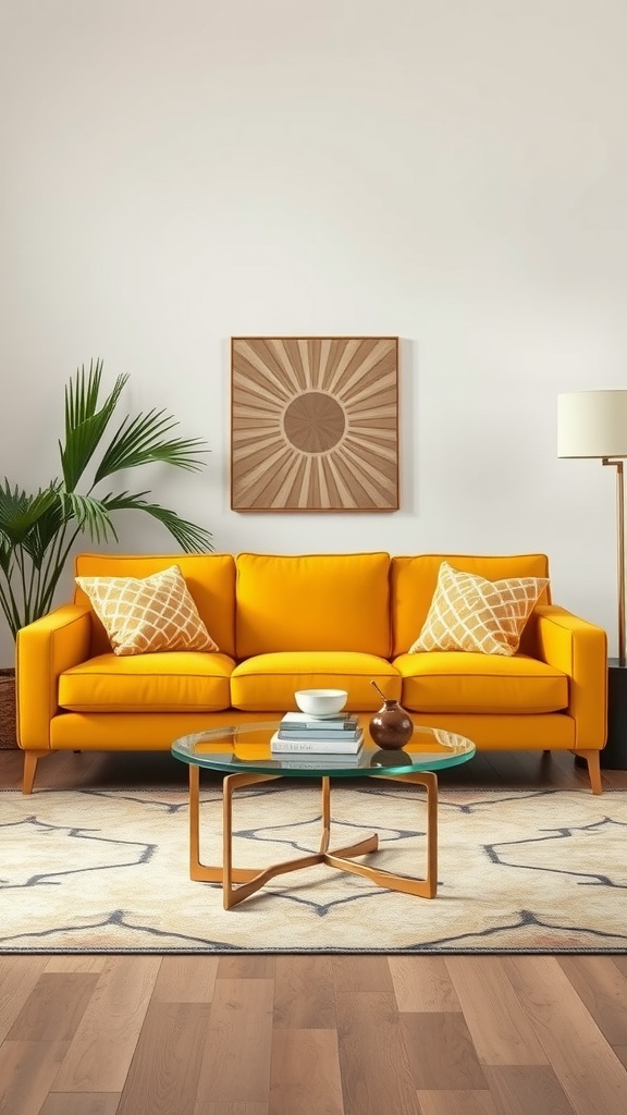 A mustard yellow sofa with geometric patterned pillows in an Art Deco inspired living room, featuring wall art and a glass coffee table.