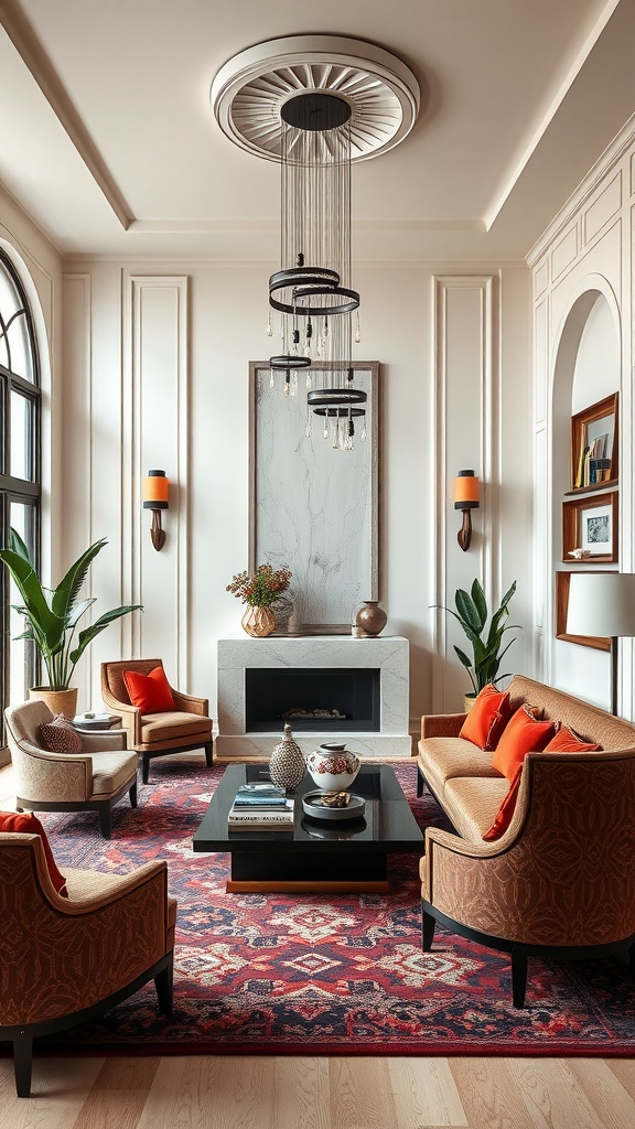 Elegant Art Deco living room with plush seating, vibrant accents, and stylish lighting