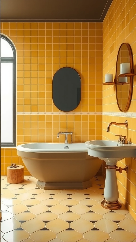 A bright Art Deco bathroom featuring yellow tiles, a freestanding tub, and elegant fixtures.