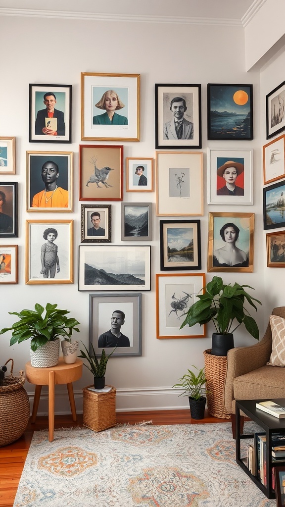 A living room corner featuring a gallery wall of framed artwork and green plants.