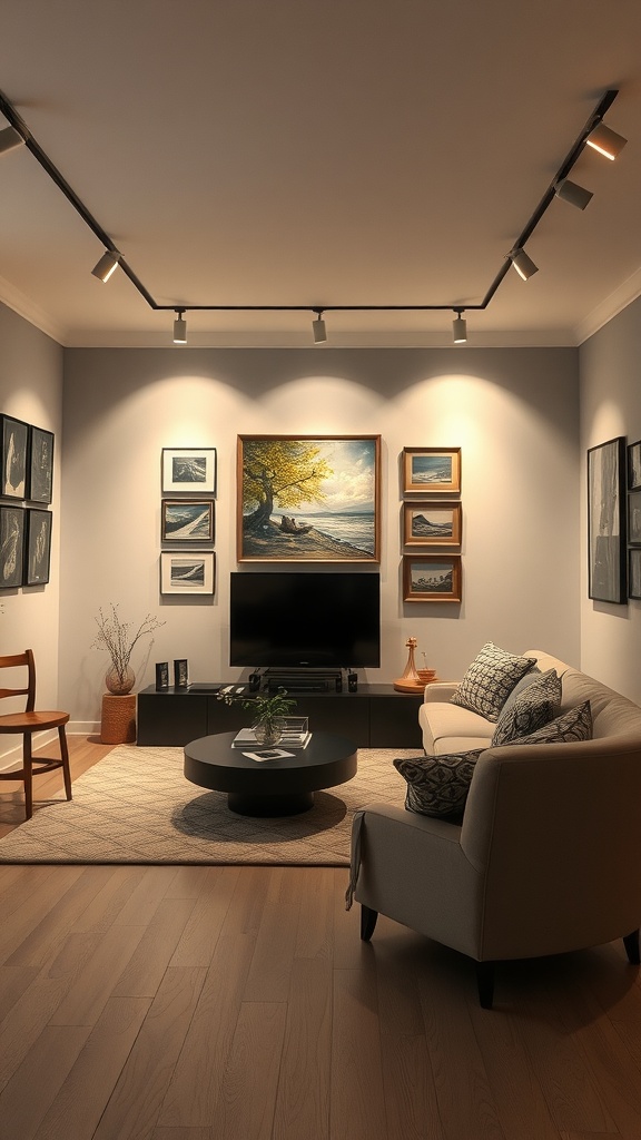 Living room with track lighting showcasing wall art