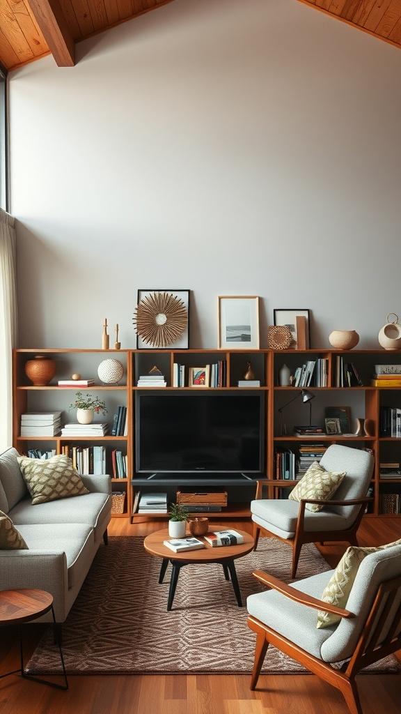 Midcentury modern living room with books and decor on shelves, cozy seating, and warm wood accents.