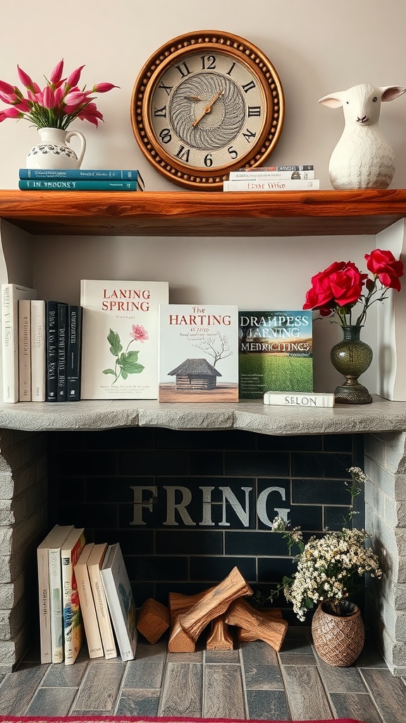 A cozy fireplace decor featuring artfully arranged books and magazines, with flowers and a whimsical sheep figurine.