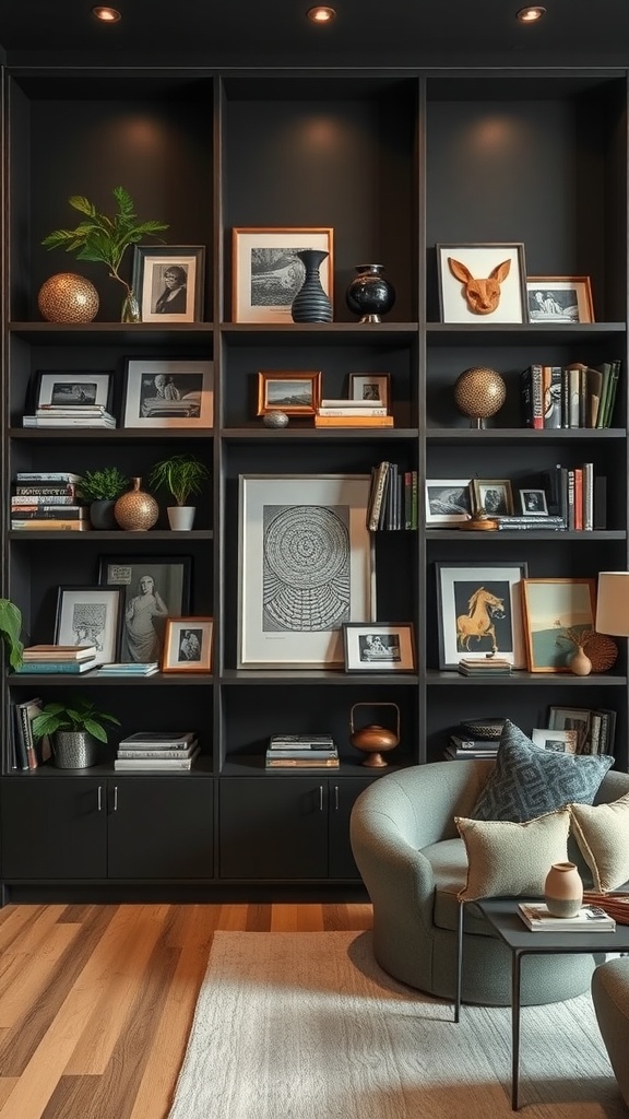 A stylish living room shelf display featuring framed artwork, books, and decorative items.