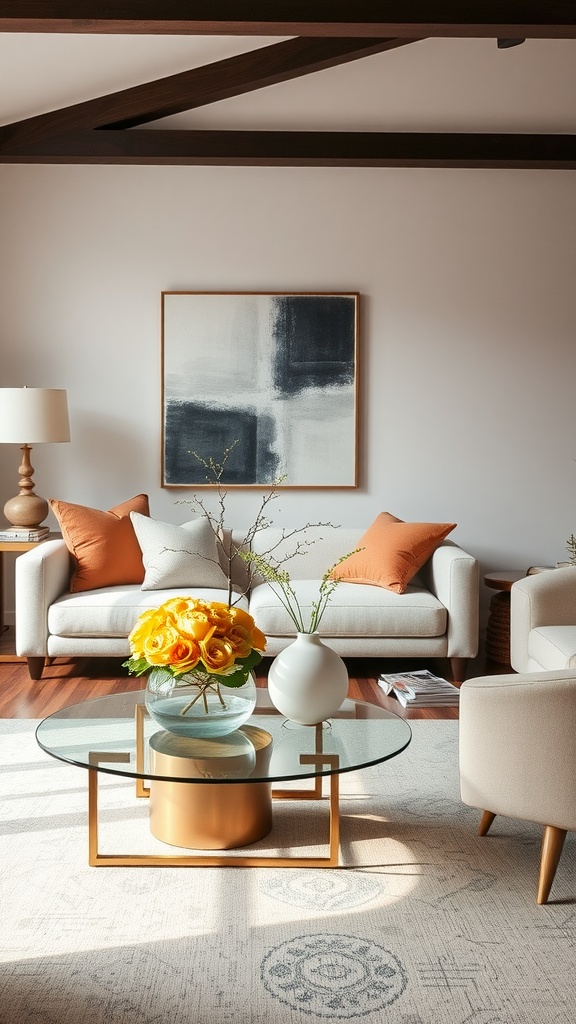 Cozy living room with a glass coffee table featuring yellow roses and a white vase, complemented by orange cushions on a sofa.