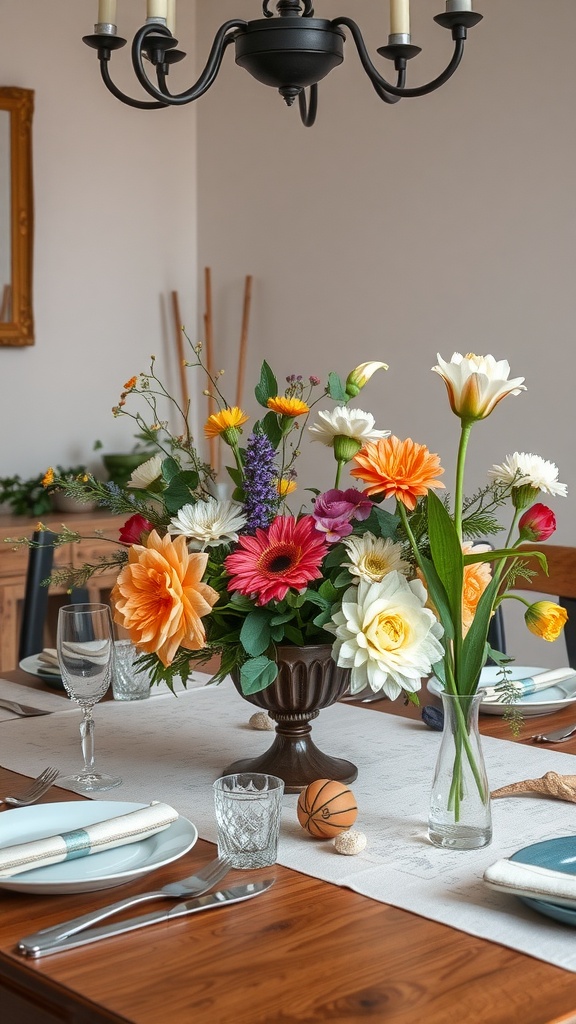 A dining table with a vibrant floral centerpiece, elegant table settings, and a playful basketball.