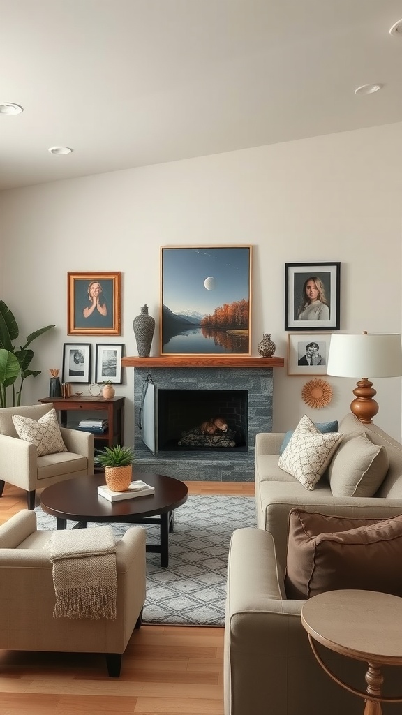 A cozy living room featuring artful decor, a fireplace, and comfortable seating