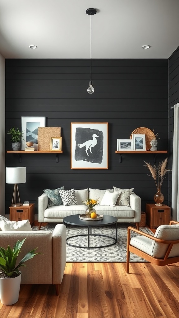 A living room featuring black shiplap walls, stylish furniture, art displays, and plants.