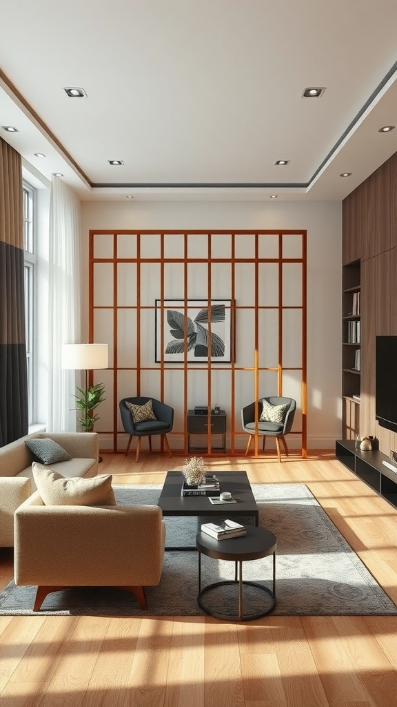 A modern living room featuring a stylish wooden divider separating two seating areas.