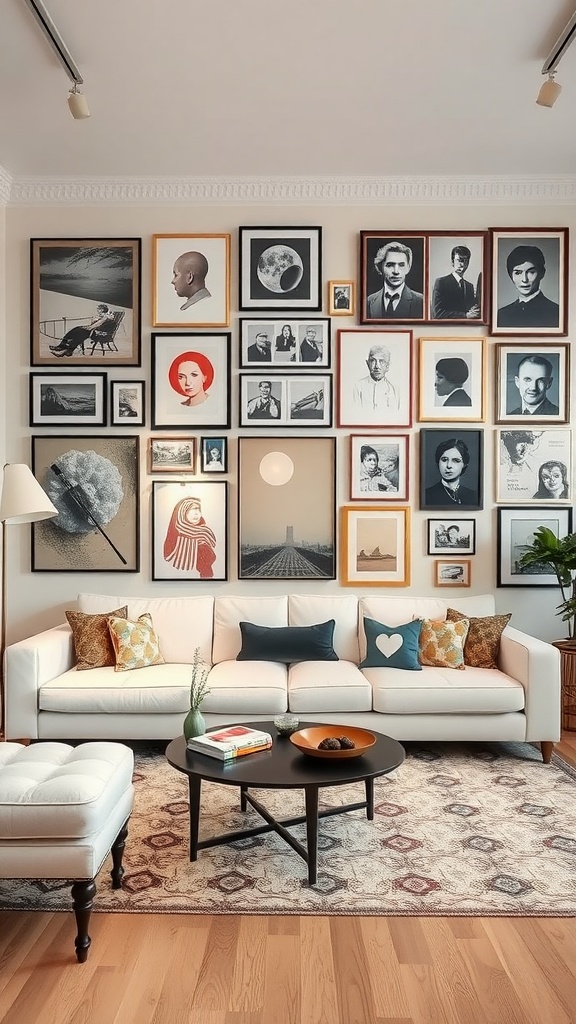 Living room with a cream couch and a gallery wall filled with framed artwork.