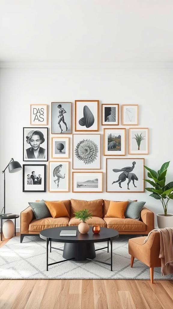 A cozy living room with an artful gallery wall featuring various framed black and white artworks, complemented by a warm orange sofa and green plants.