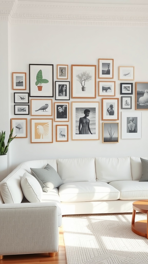 A bright living room with a white couch and an artful gallery wall composed of various framed pictures and prints.