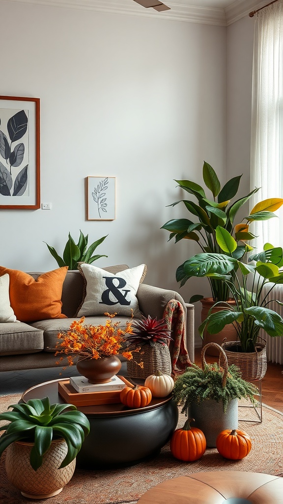 A cozy living room decorated with green plants and fall accents like pumpkins and warm pillows.