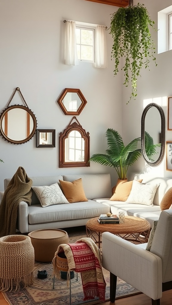 A boho living room featuring various mirrors on the wall, cozy seating, plants, and warm tones.