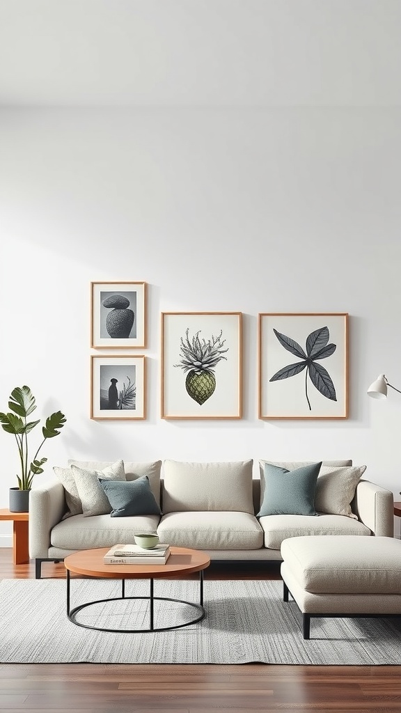 Minimalist living room with simple wall art featuring botanical prints and a silhouette.