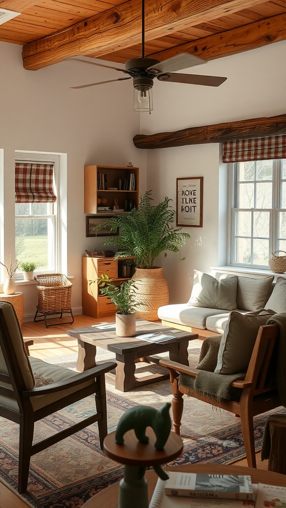 Cozy living room with artisan-made furniture, featuring a wooden coffee table, soft seating, and natural light.