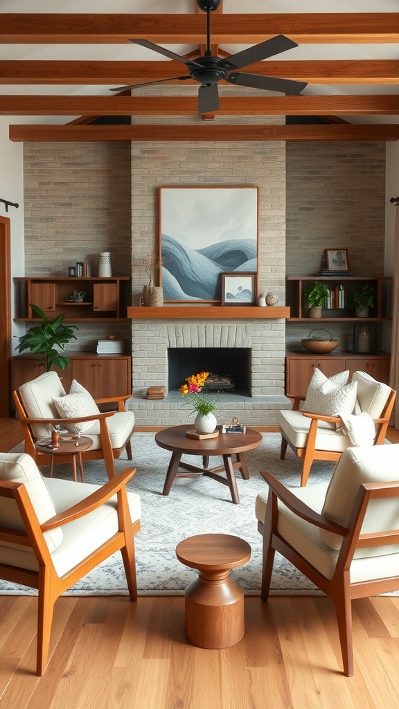 A midcentury modern living room featuring artisan-made wooden furniture, a cozy atmosphere, and a warm color palette.