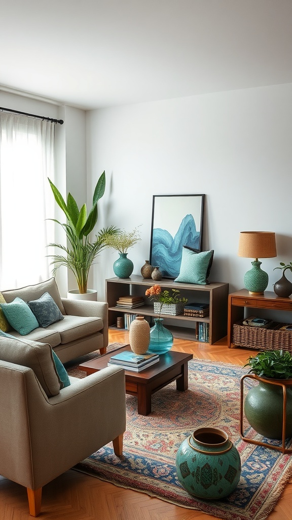 Living room with artisan crafted accessories including vases, cushions, and a patterned rug