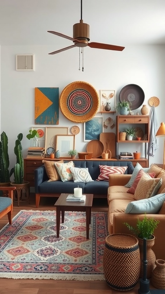 A minimalist bohemian living room with artisan crafted accessories, featuring wall art, plants, and cozy seating.