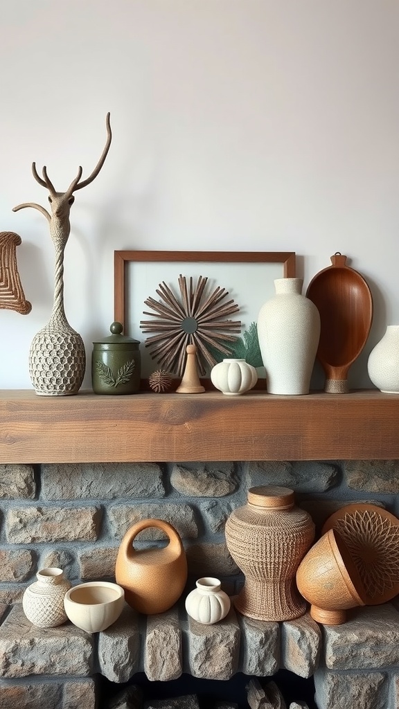 A mantel decorated with artisan crafted vases, pottery, and wooden accents.