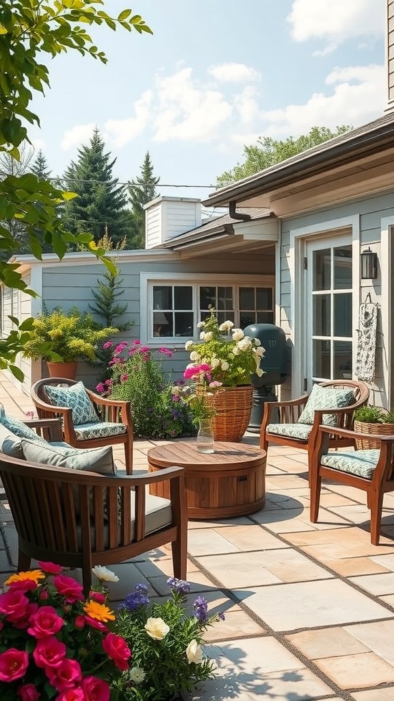 A cozy outdoor living area with artisan crafted wooden furniture, surrounded by colorful flowers and plants.