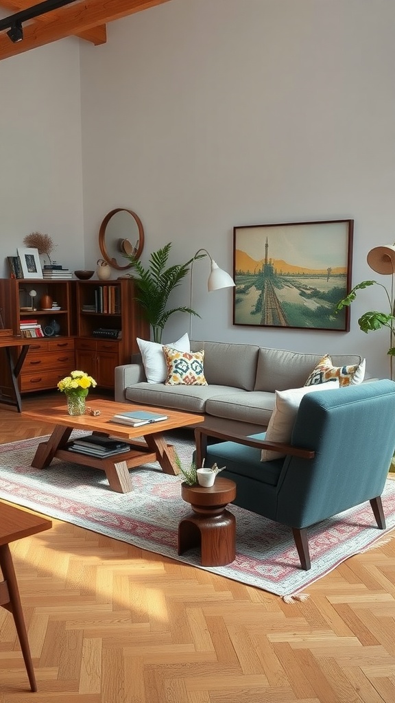 A cozy boho industrial living room featuring artisan crafted furniture, including a wooden coffee table, a blue sofa, and decorative elements.