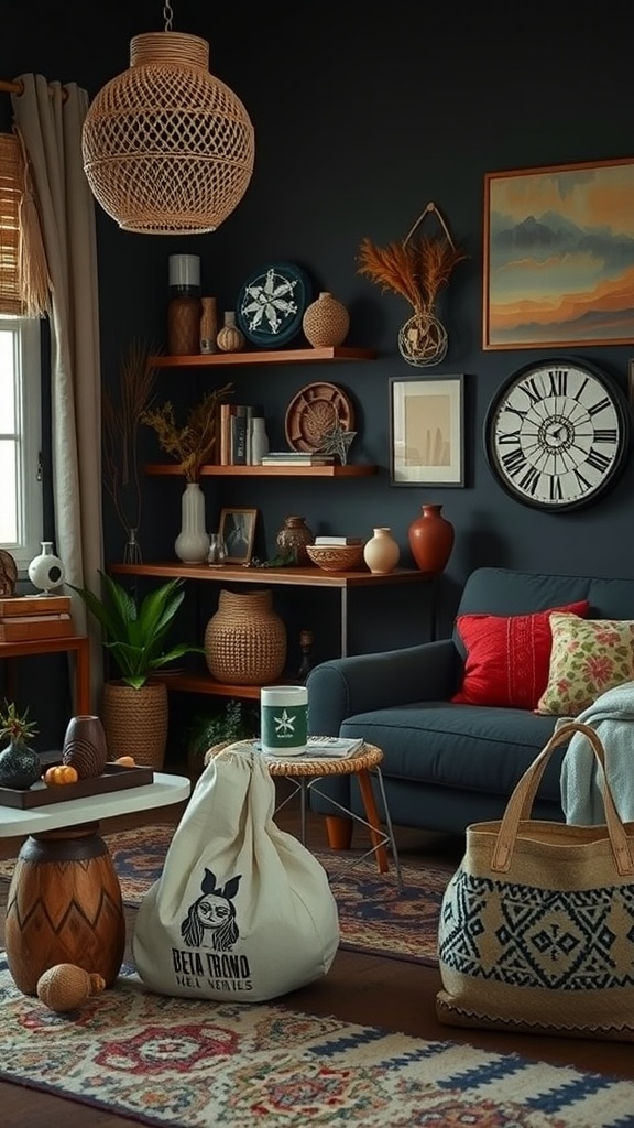 A dark boho living room featuring artisan craftsmanship with woven decor, pottery, and colorful textiles.